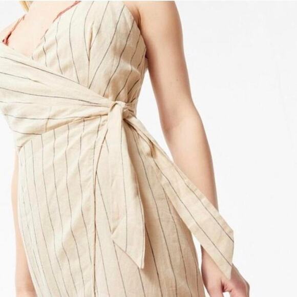 Urban Outfitters Quebec Linen Side-Tie Midi Wrap Dress Striped in Cream, Medium - Picture 5 of 13